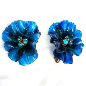 Vtg Blue Acetate Cellulose Flower Rhinestone Clip Earrings